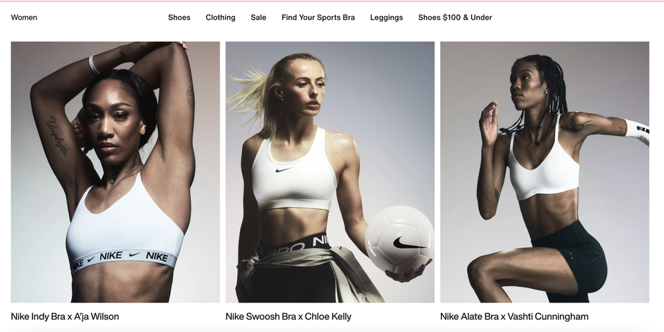 На изображении три фотографии женщин в спортивных бюстгальтерах Nike На изображении три фотографии женщин в спортивных бюстгальтерах Nike